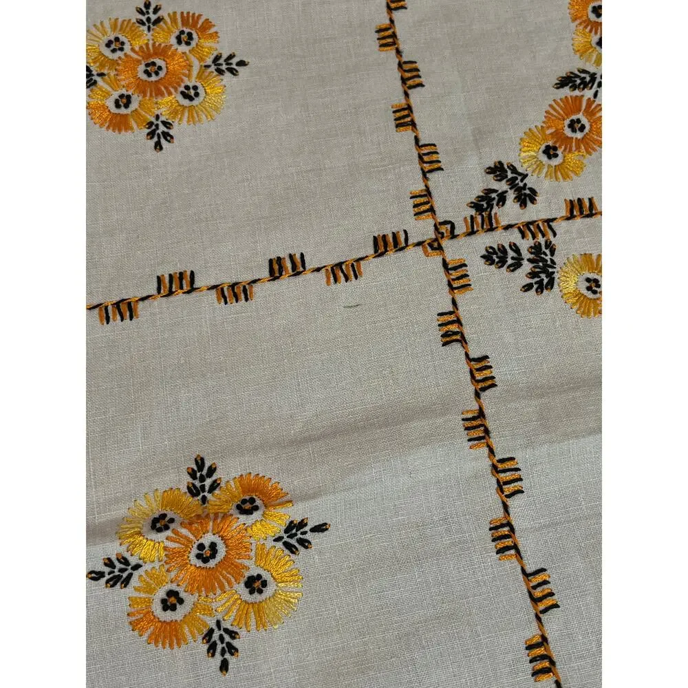 Vintage Embroidered Tablecloth Autumnal Orange Yellow Floral Crochet Lace Border